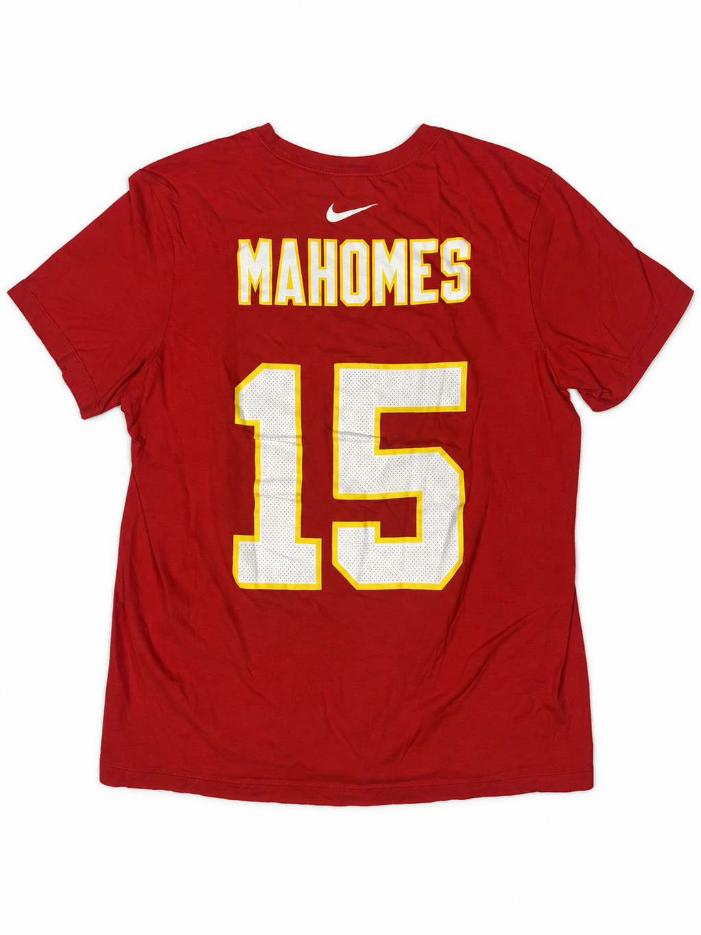 Back view of red Nike Kansas City Chiefs T-shirt with Mahomes lettering and number 15