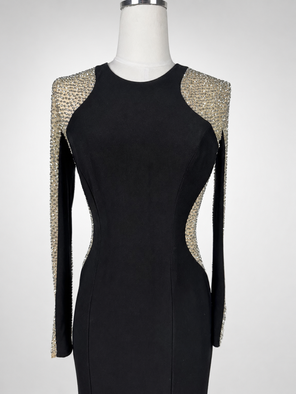 Women's Xscape Size 4 Black Rhinestone Illusion Long-Sleeve Formal Gown