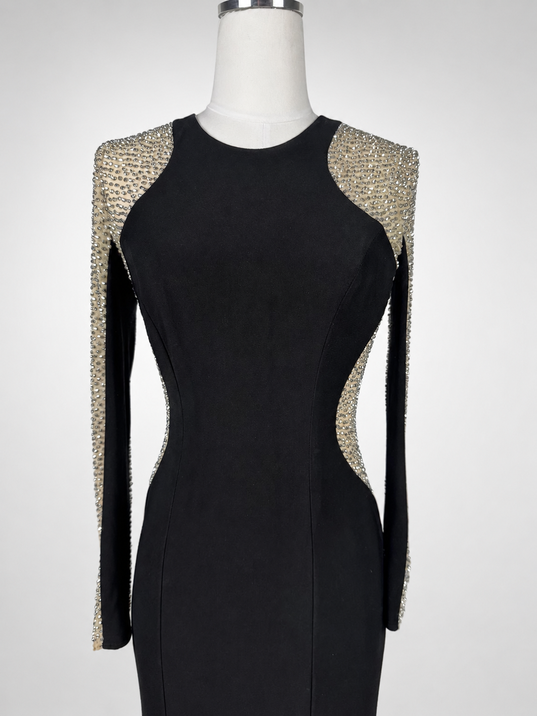 Women's Xscape Size 4 Black Rhinestone Illusion Long-Sleeve Formal Gown