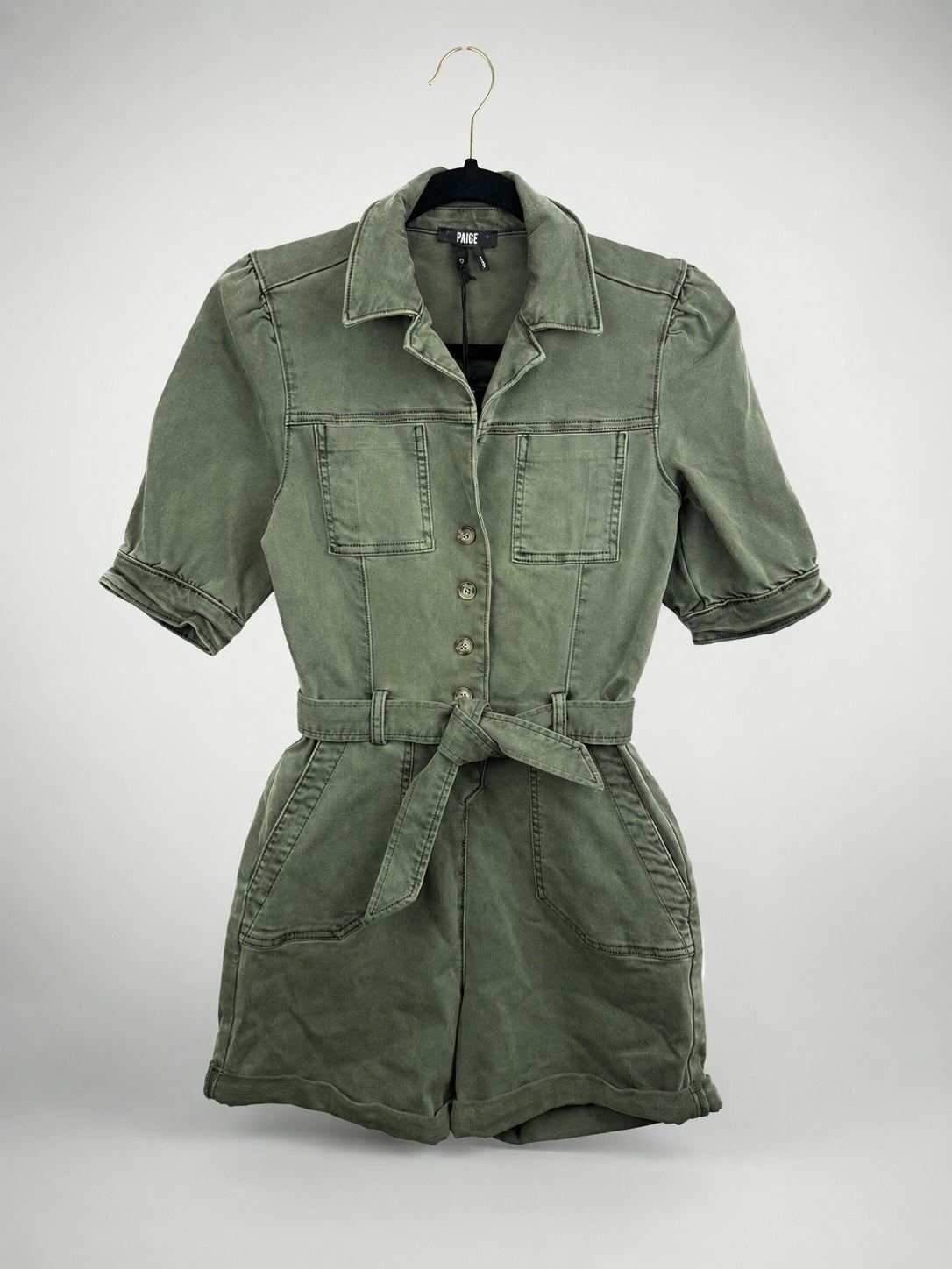 PAIGE size 0 olive utility romper front detail