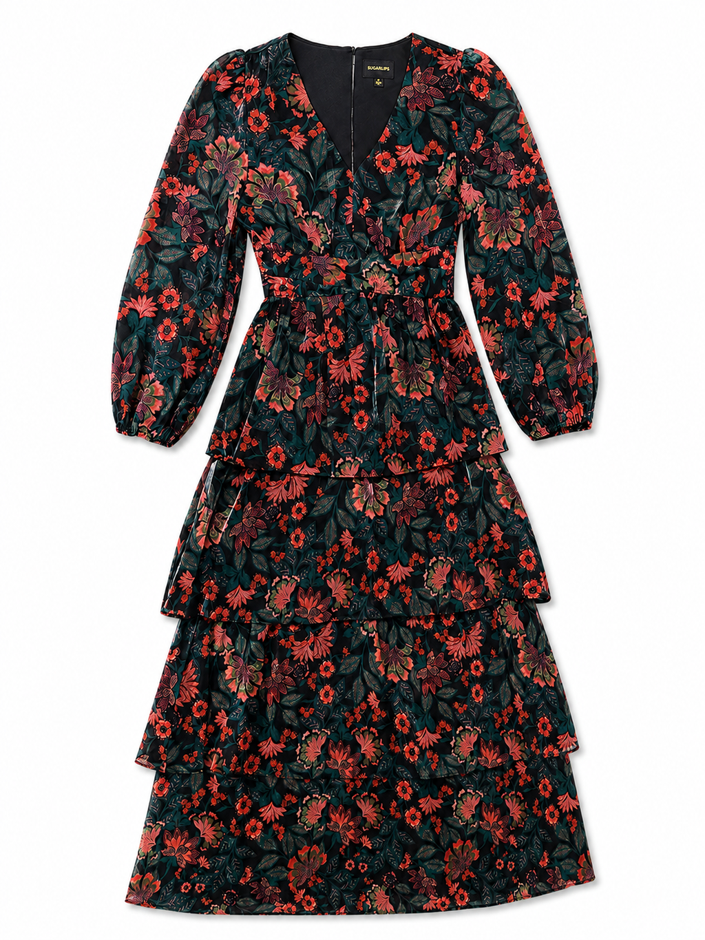 Sugarlips Briala Black Teal Red Floral Organza Maxi Dress Women's Medium
