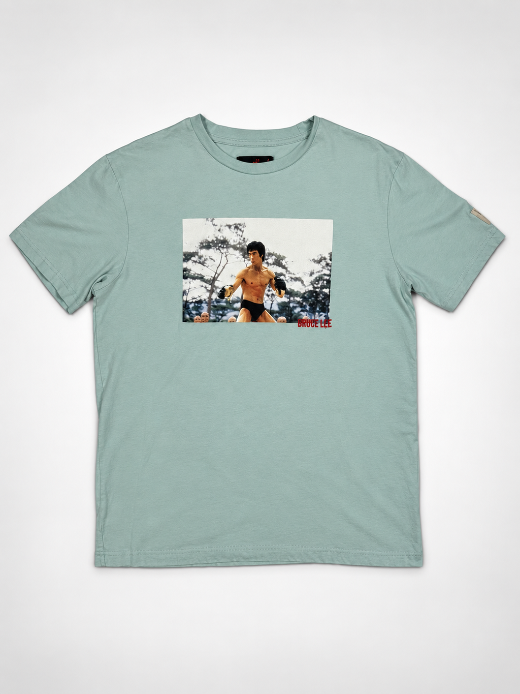Front view of mint Bruce Lee x Shoe Palace men's graphic T-shirt