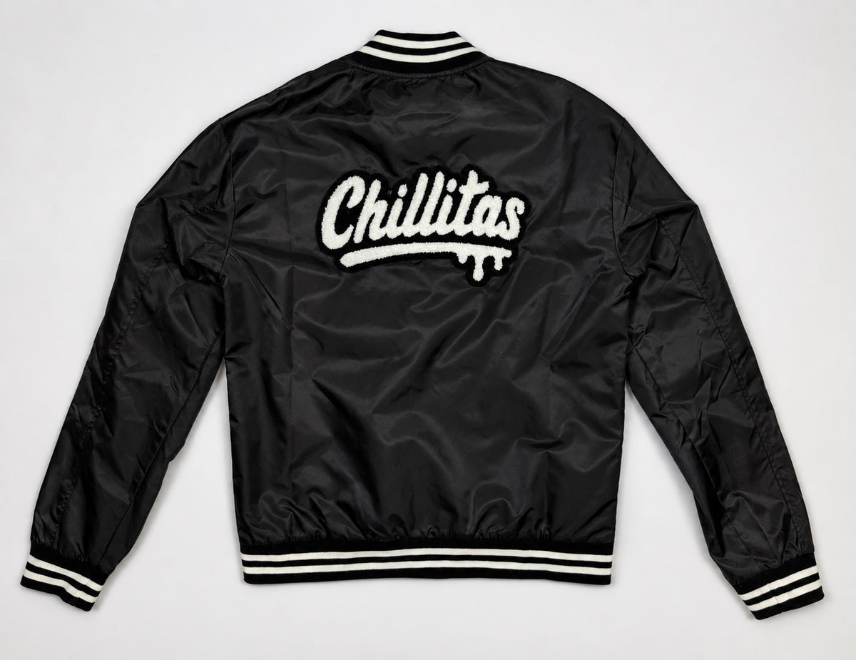Chillitas Black Satin Patch Bomber Jacket Unisex Size XL New Without Tags