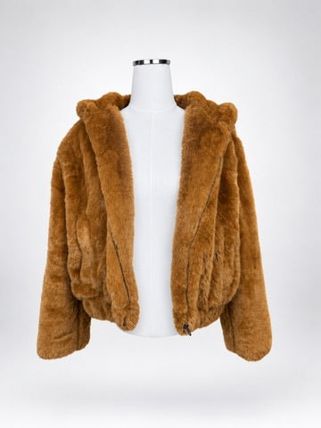 LUSH copper faux fur jacket shown open on a mannequin, displaying the zip front, hood and short silhouette.