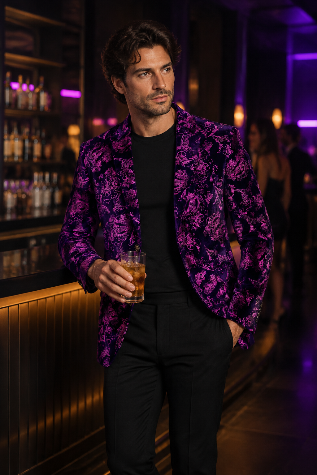 Mage Male purple and pink paisley velvet blazer front view