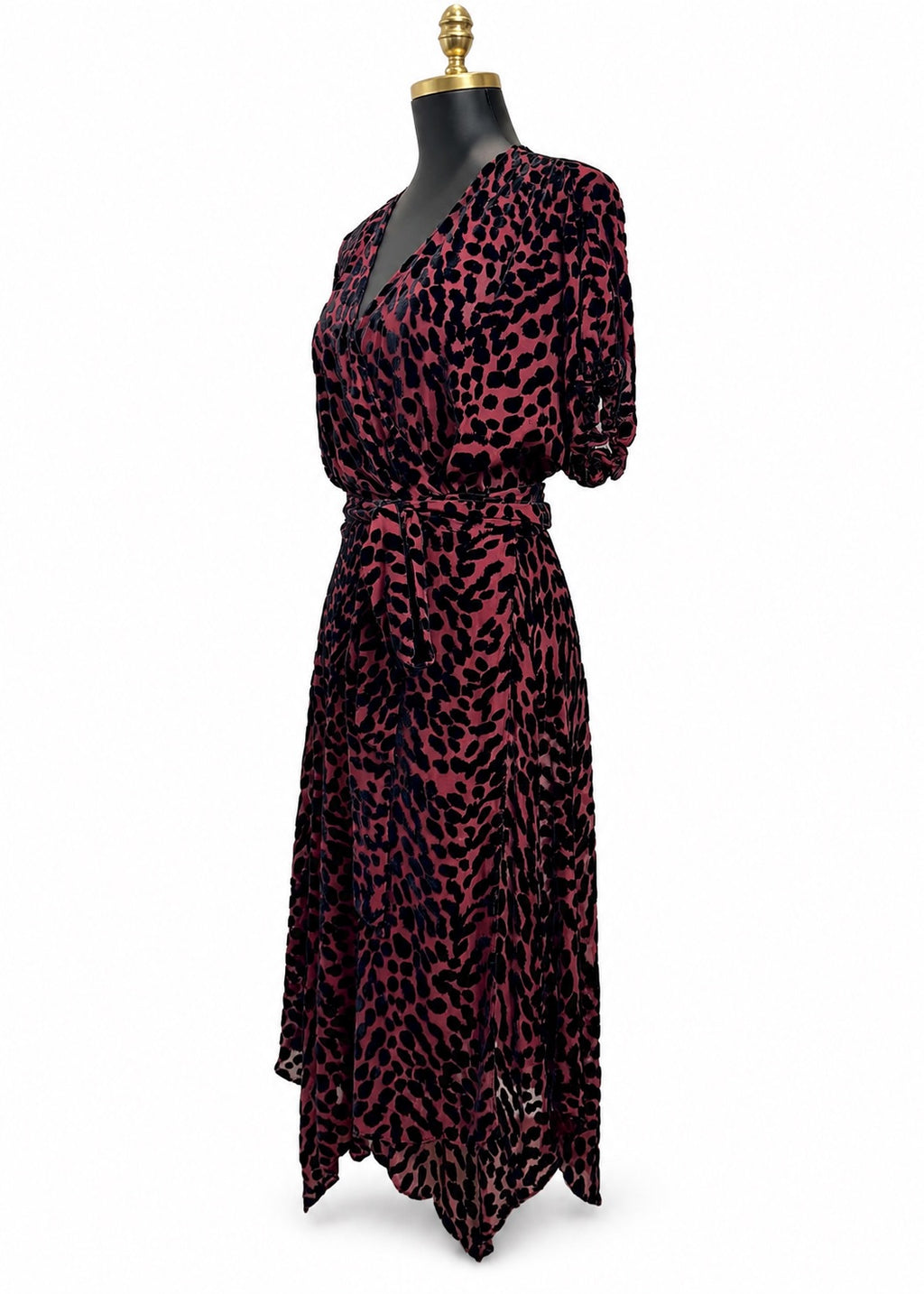 DVF merlot leopard velvet dress wrap waist detail