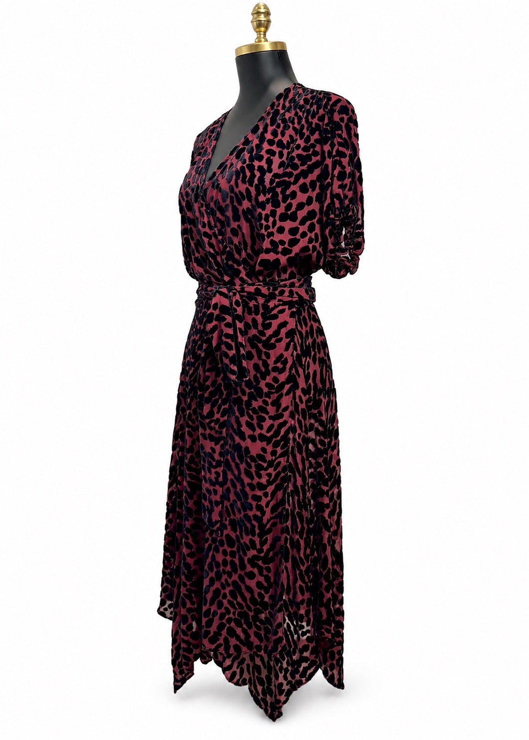 DVF merlot leopard velvet dress wrap waist detail