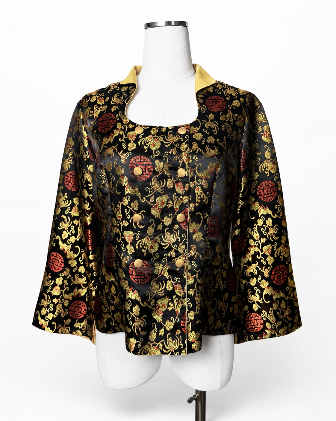 T&M Silk Black Gold Red Brocade Jacket Women's Large