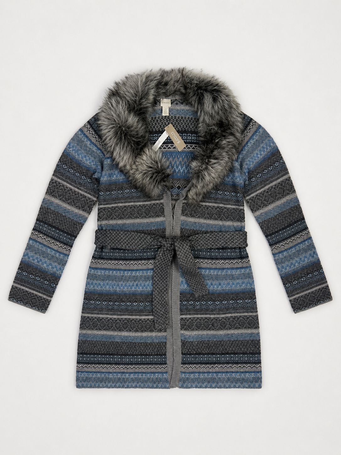 Chico's Blue Fair Isle Faux Fur Belted Sweater Coat Size 3 NWT