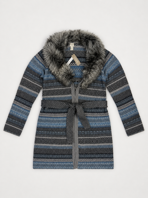 Chico's Blue Fair Isle Faux Fur Belted Sweater Coat Size 3 NWT