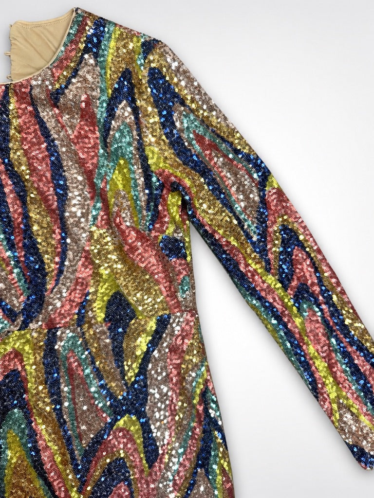 AQUA x Salvatore Rizza multicolor sequin dress bodice and sleeve detail