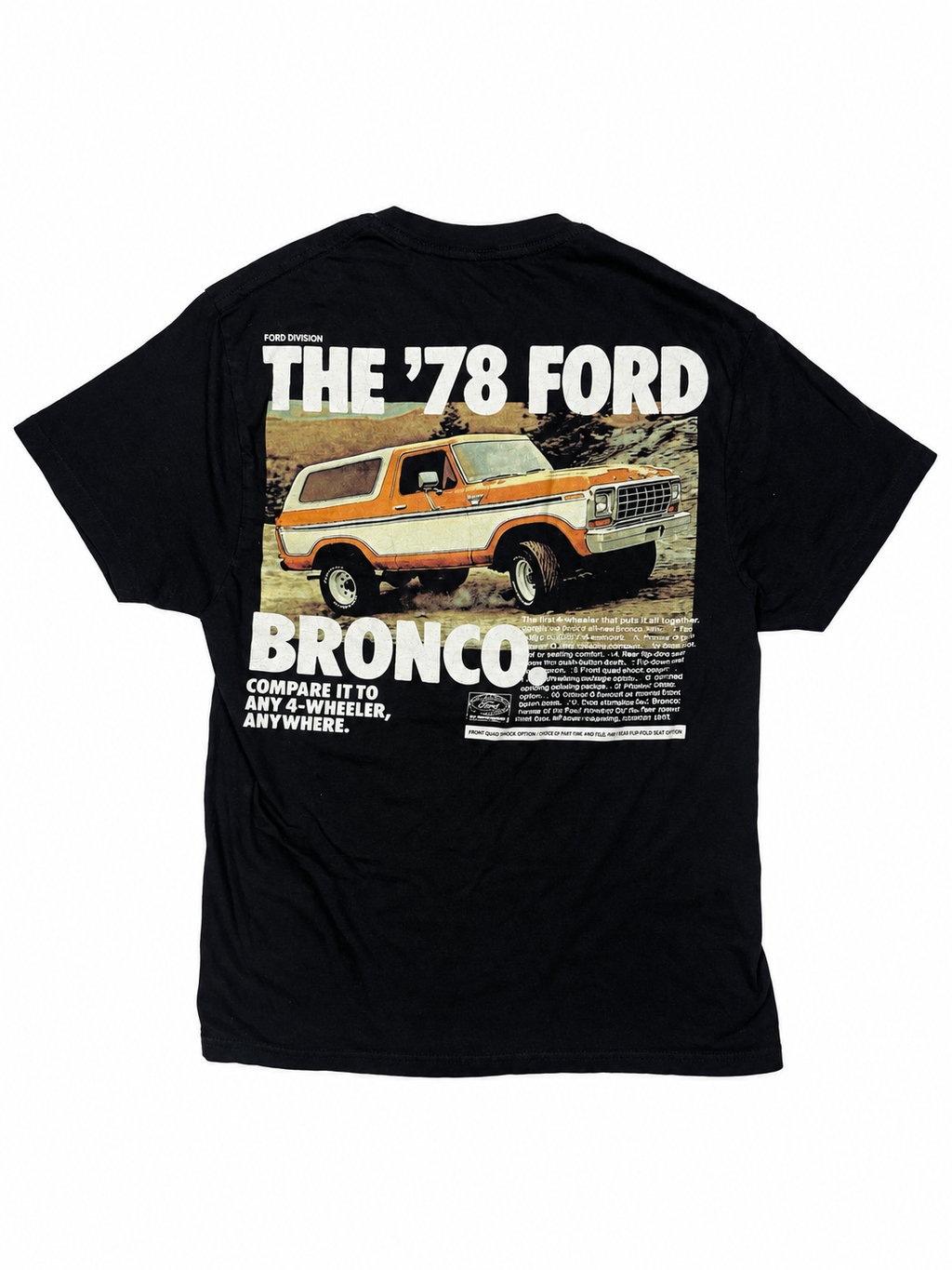 Back view of black Ford women's T-shirt with orange and white Bronco graphic