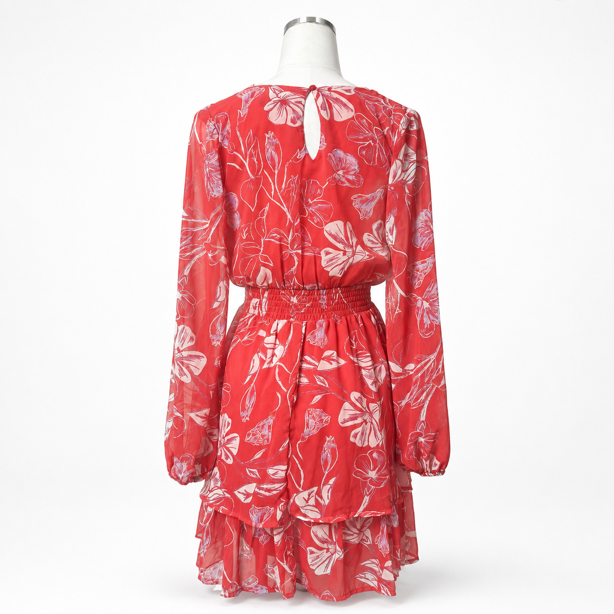 Women's JAPNA Red Floral Ruffle Wrap-Style Mini Dress – Medium