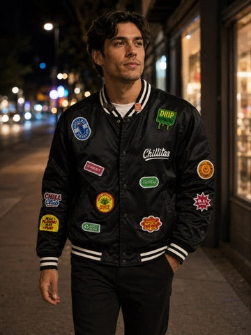 Chillitas Black Satin Patch Bomber Jacket Unisex Size XL New Without Tags