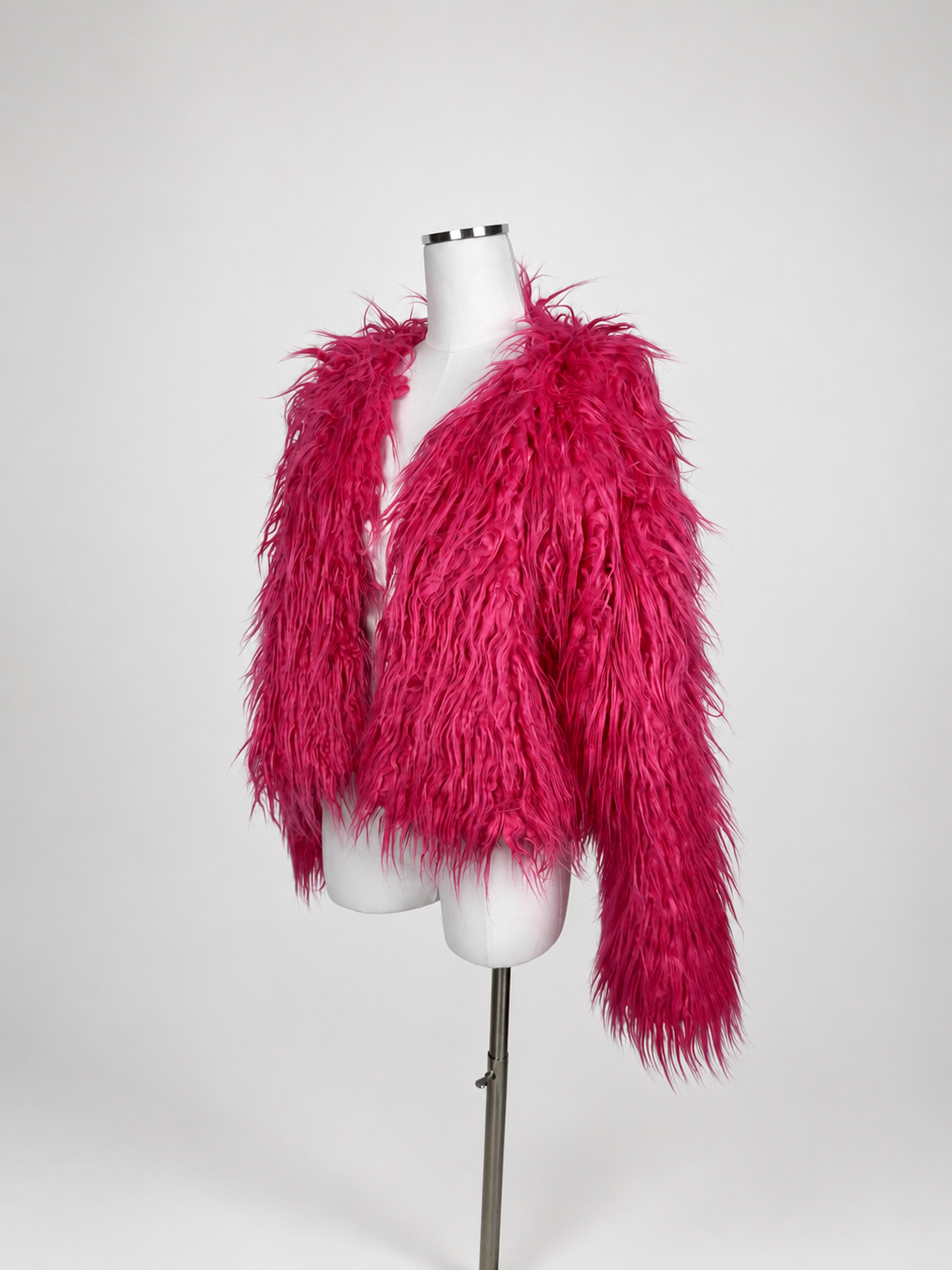 Close-up of long-pile magenta faux fur texture on Wild Fable cropped jacket