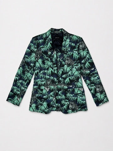 Zara Basic size small green and navy jungle palm leopard print blazer flat lay showing full front, notched lapel, and open longline silhouette