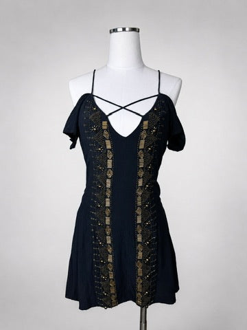 Cleobella Navy Gold Beaded Mini Dress XS Petite NWOT