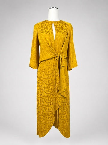 Topshop mustard yellow floral jacquard midi dress tie-front waist front view