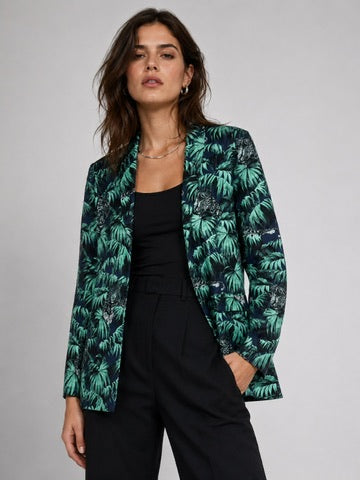 Zara Basic tropical palm print blazer in navy and green worn open over a black tank and trousers, front view on model