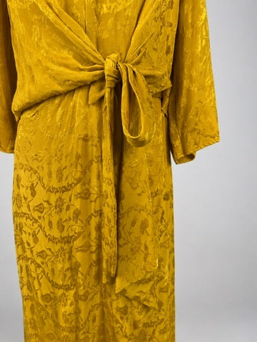 Topshop mustard yellow midi dress tie-front waist and jacquard detail