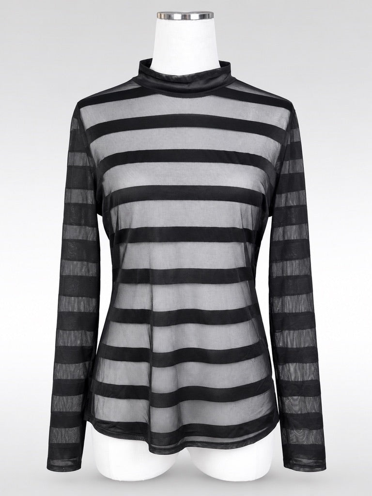 VENUS black sheer striped mesh mock-neck top mannequin front view