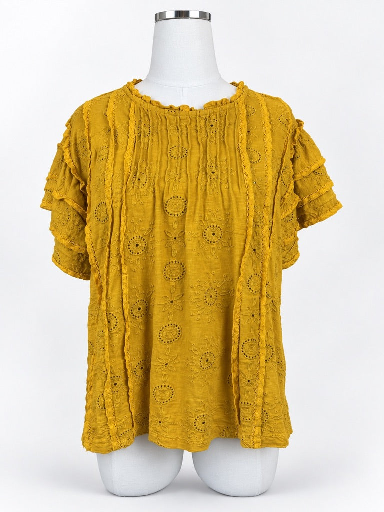 Anthropologie Forever That Girl Mustard Eyelet Blouse Women's MP NWOT