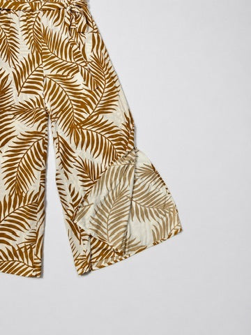 Ivy Street ivory olive palm print jumpsuit wide-leg cropped hem detail
