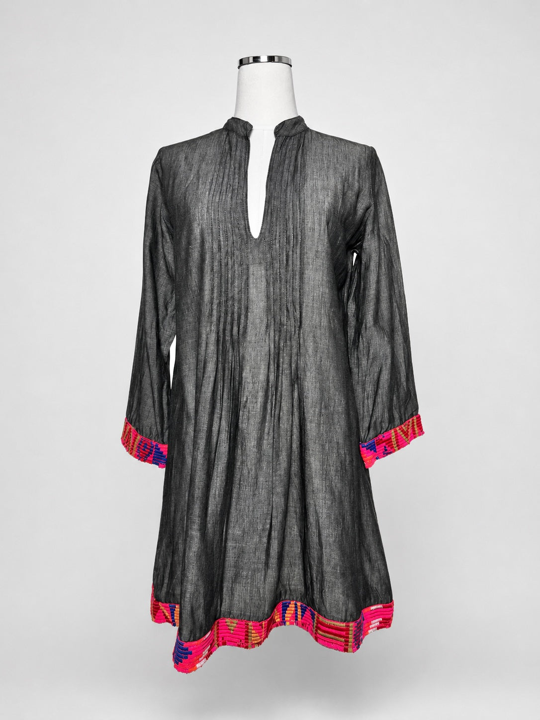 Women's VELZERA Charcoal Boho Pintuck Tunic with Colorful Embroidered Trim – Small