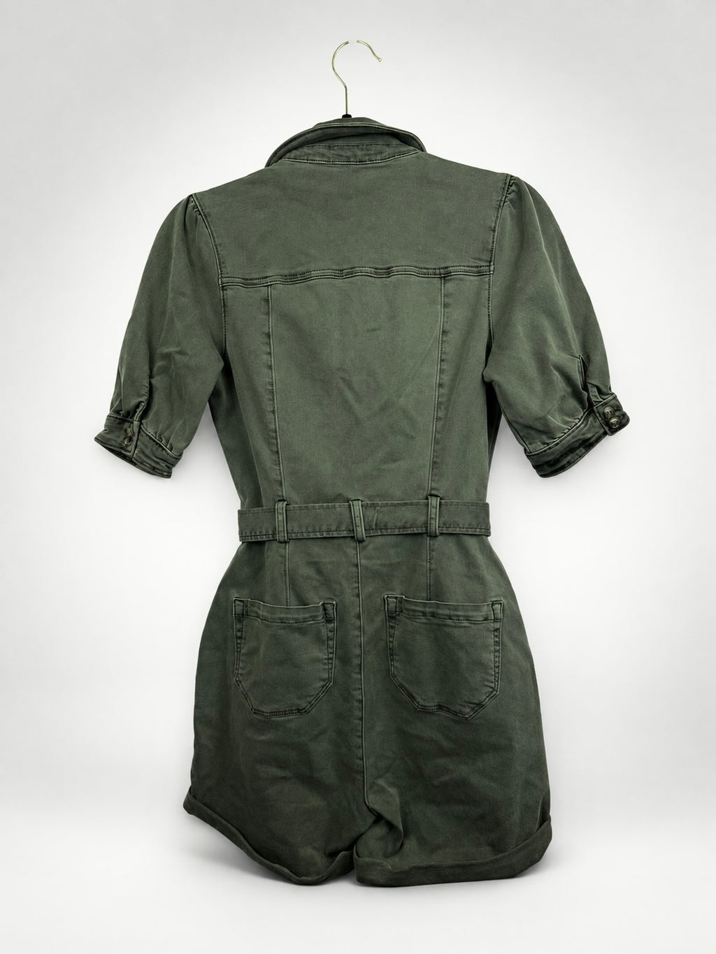 PAIGE olive denim romper side and belt detail