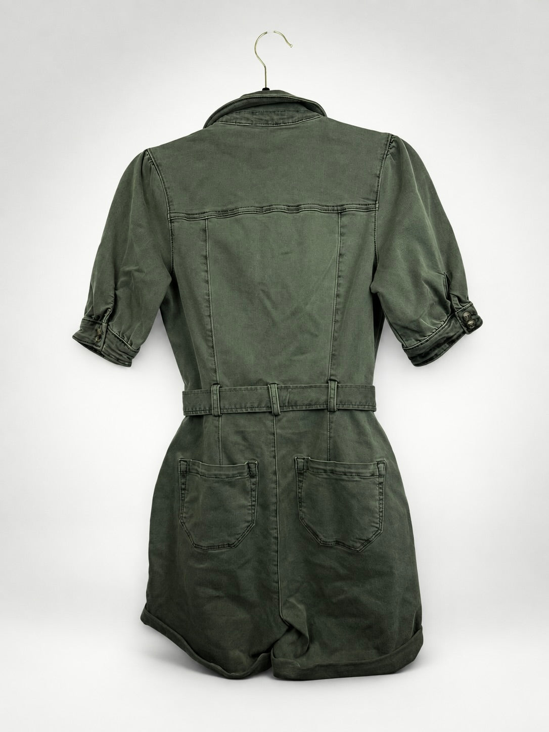 PAIGE olive denim romper side and belt detail