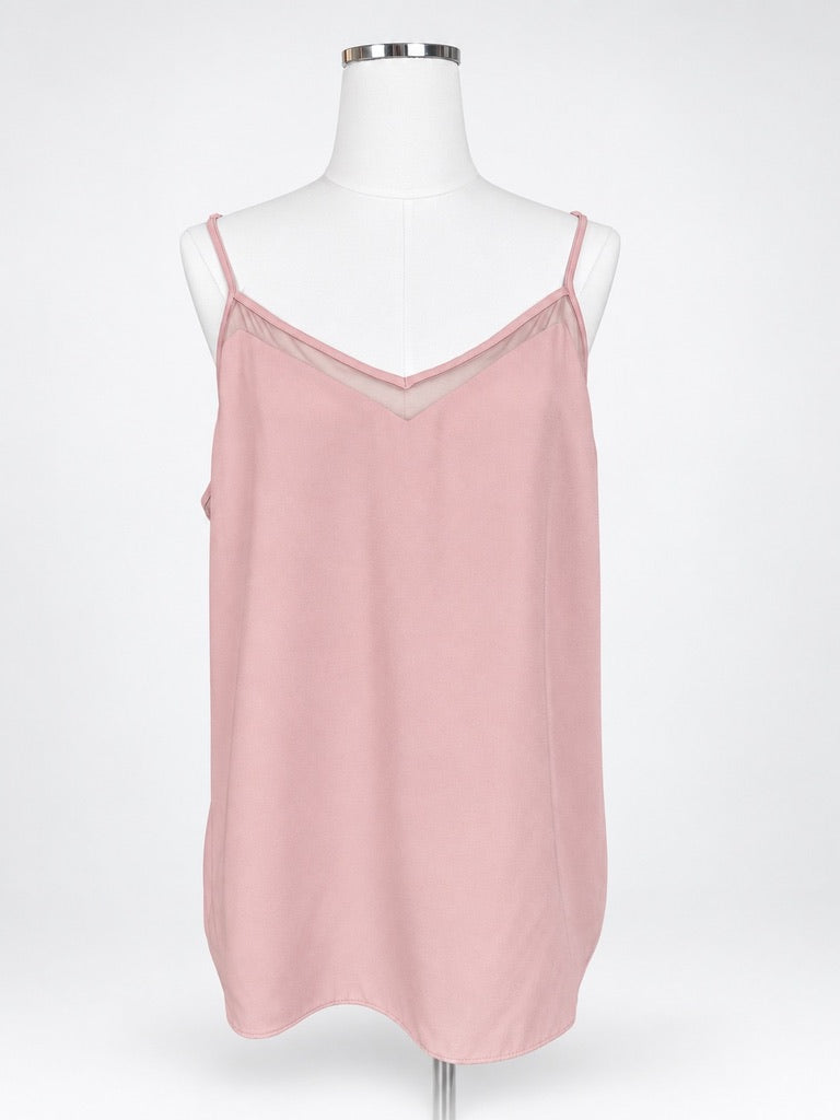 Nine West dusty rose pink cami front view with sheer mesh V-neck and spaghetti straps