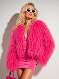 Model wearing Wild Fable hot pink shaggy faux fur cropped jacket in a Barbiecore Y2K outfit