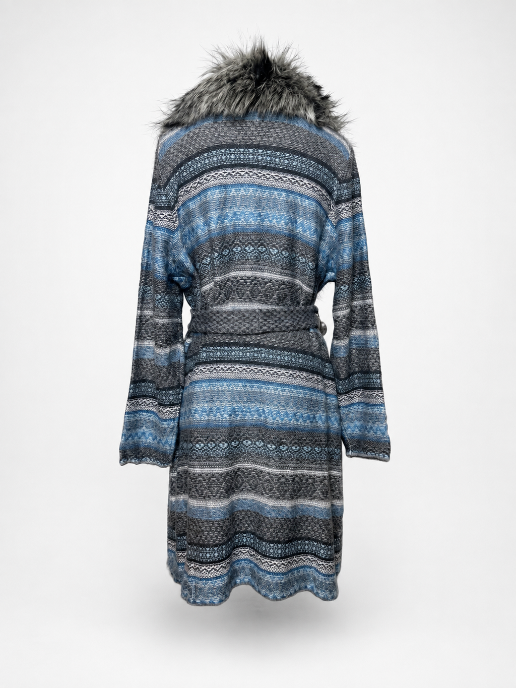 Chico's Blue Fair Isle Faux Fur Belted Sweater Coat Size 3 NWT