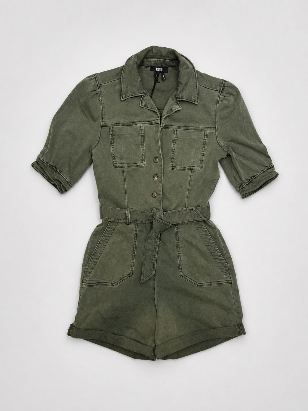 PAIGE olive romper brand and size label