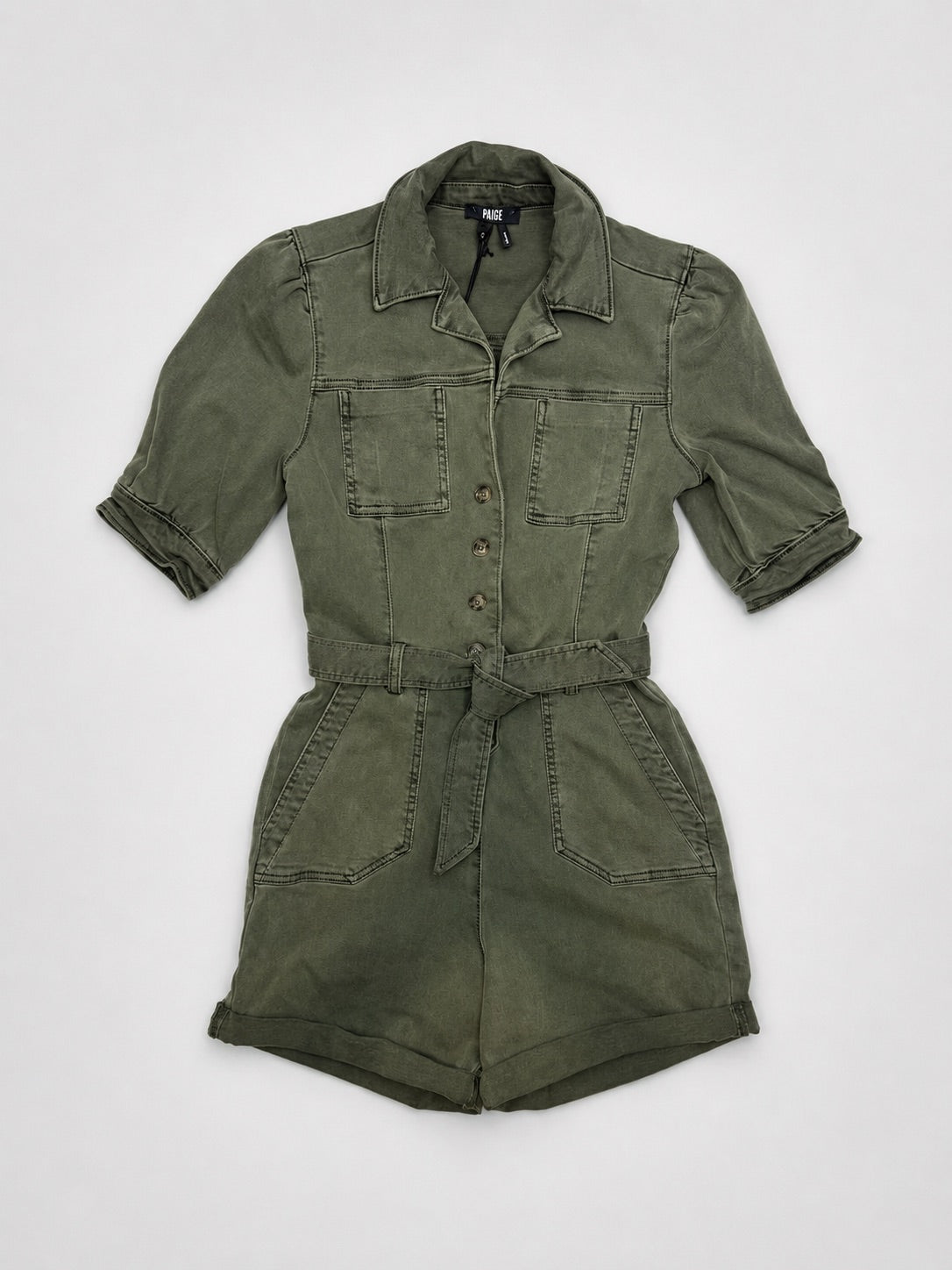 PAIGE olive romper brand and size label