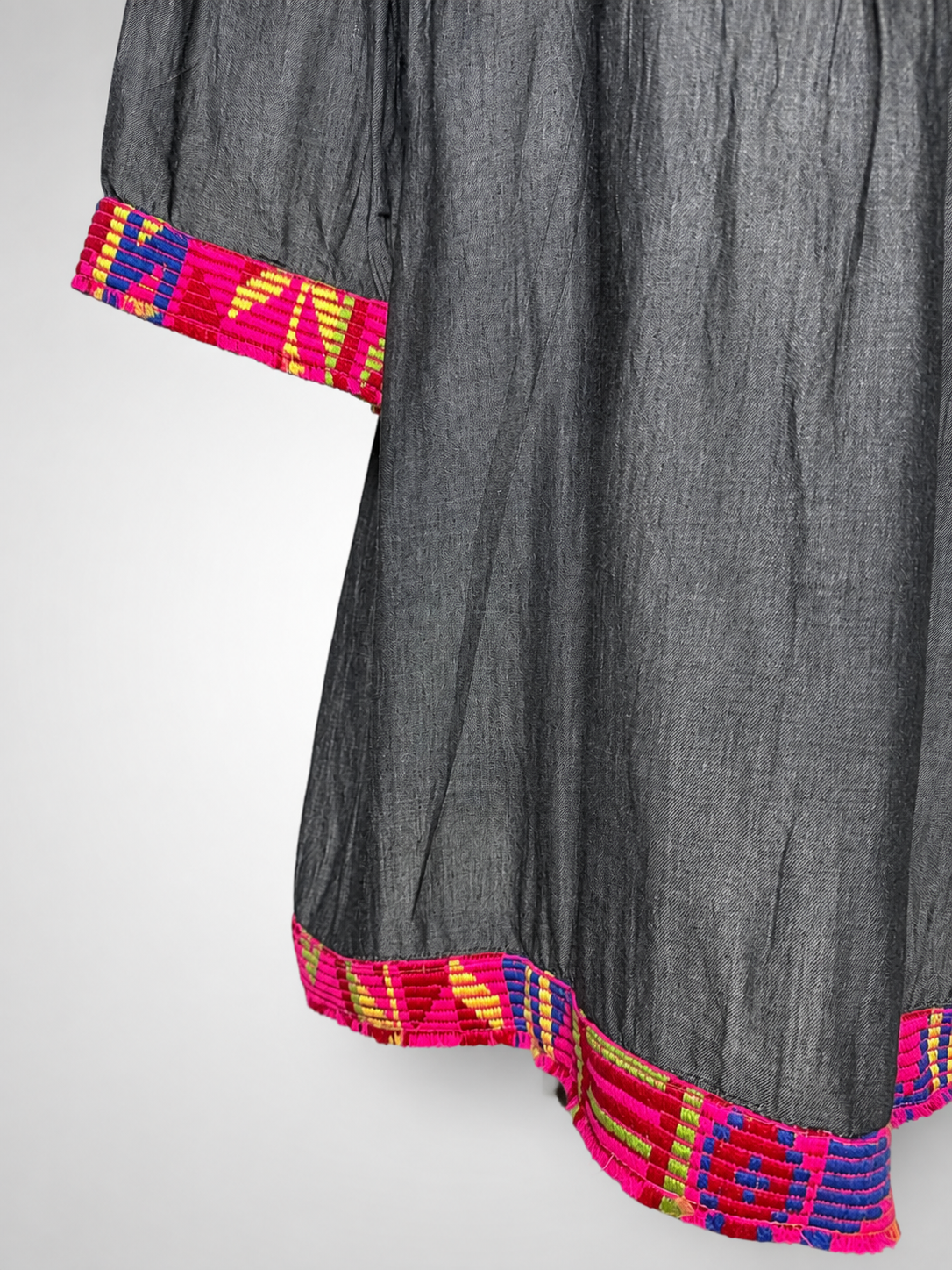 Women's VELZERA Charcoal Boho Pintuck Tunic with Colorful Embroidered Trim – Small