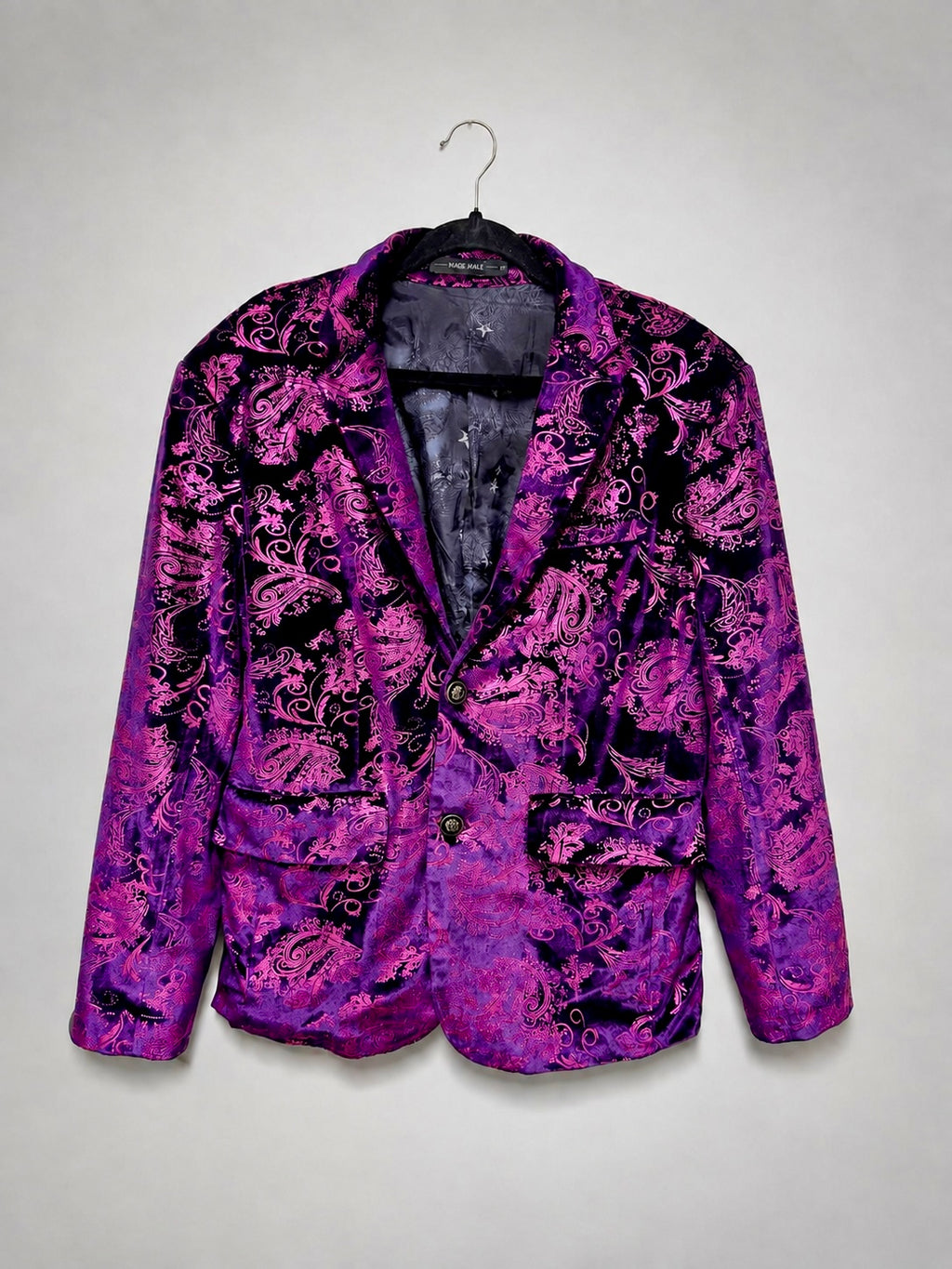 Mage Male purple pink paisley blazer sleeve and cuff button detail