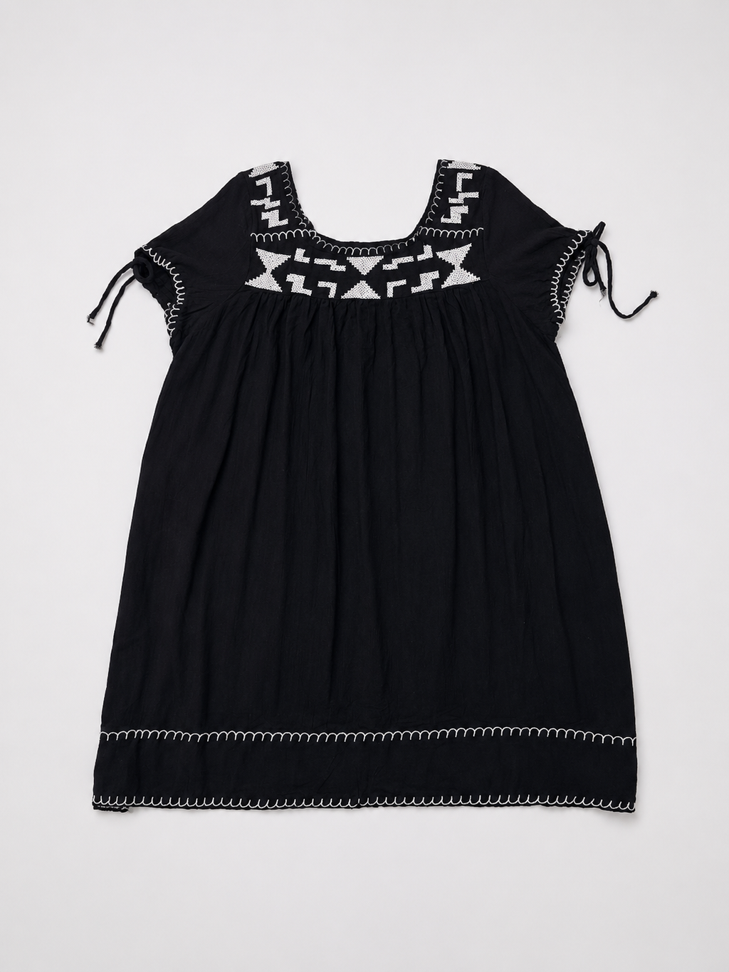 World Market black boho dress neckline and short tie-detail sleeve