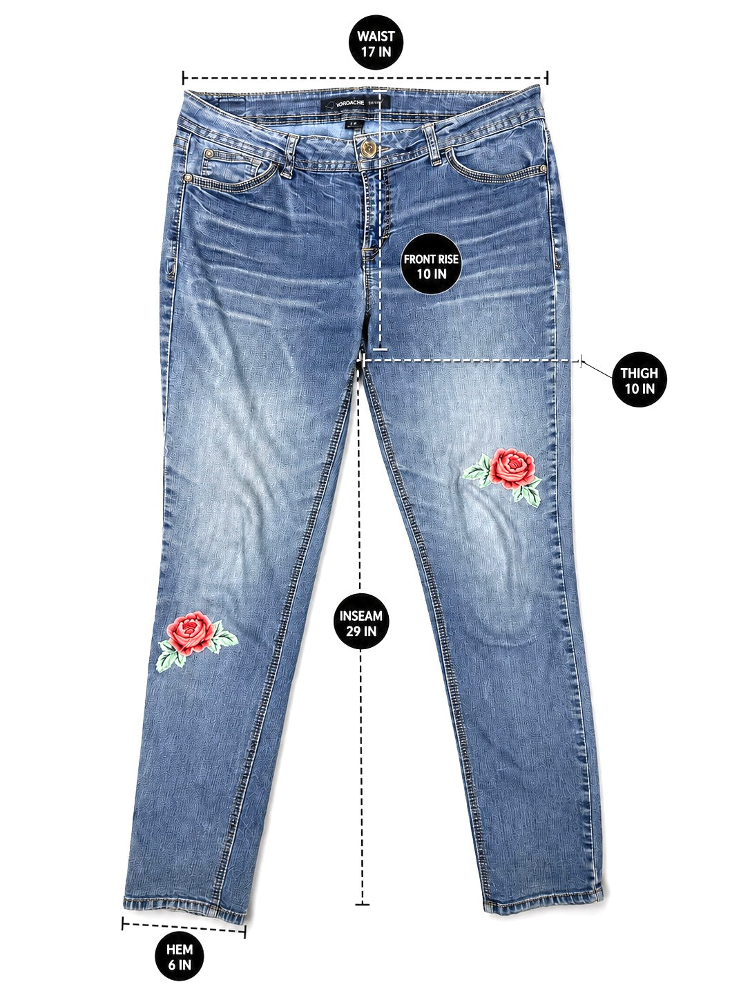 Jordache blue skinny jeans flat lay showing 29-inch inseam