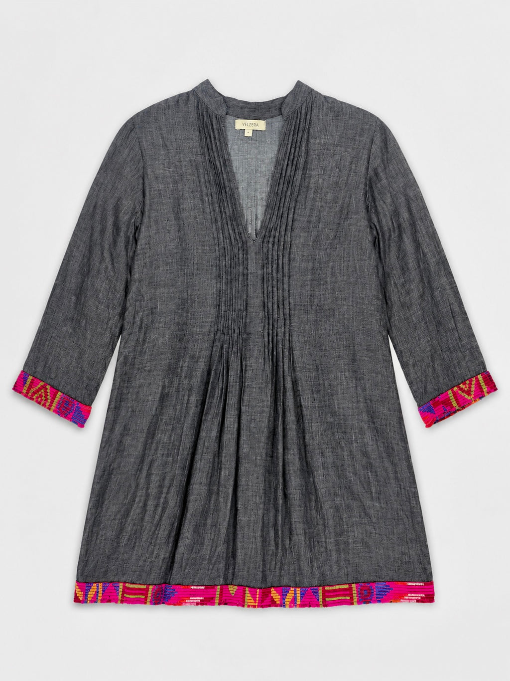 Women's VELZERA Charcoal Boho Pintuck Tunic with Colorful Embroidered Trim – Small