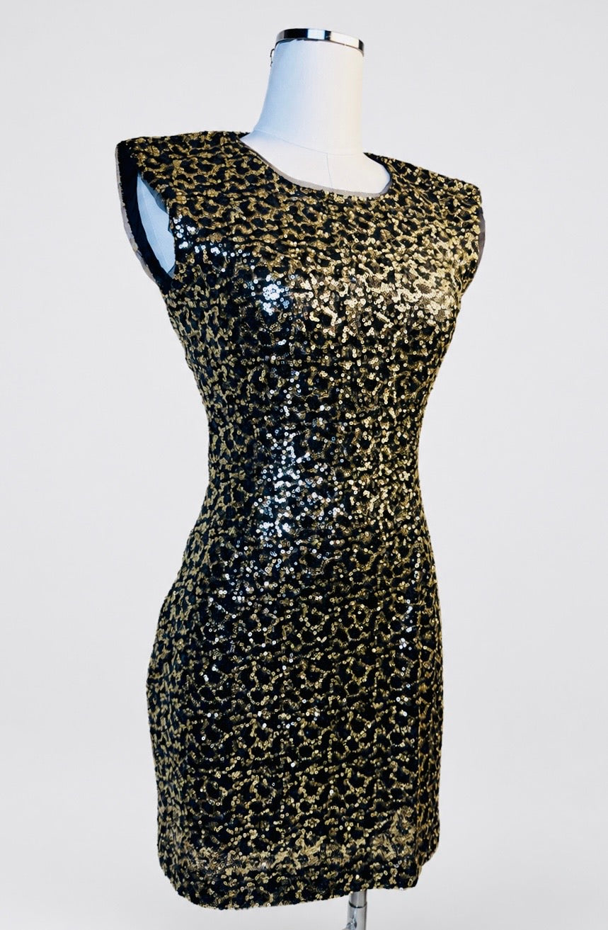 B. DARLIN Black Gold Leopard-Inspired Sequin Cocktail Dress – 5/6 Petite Fit