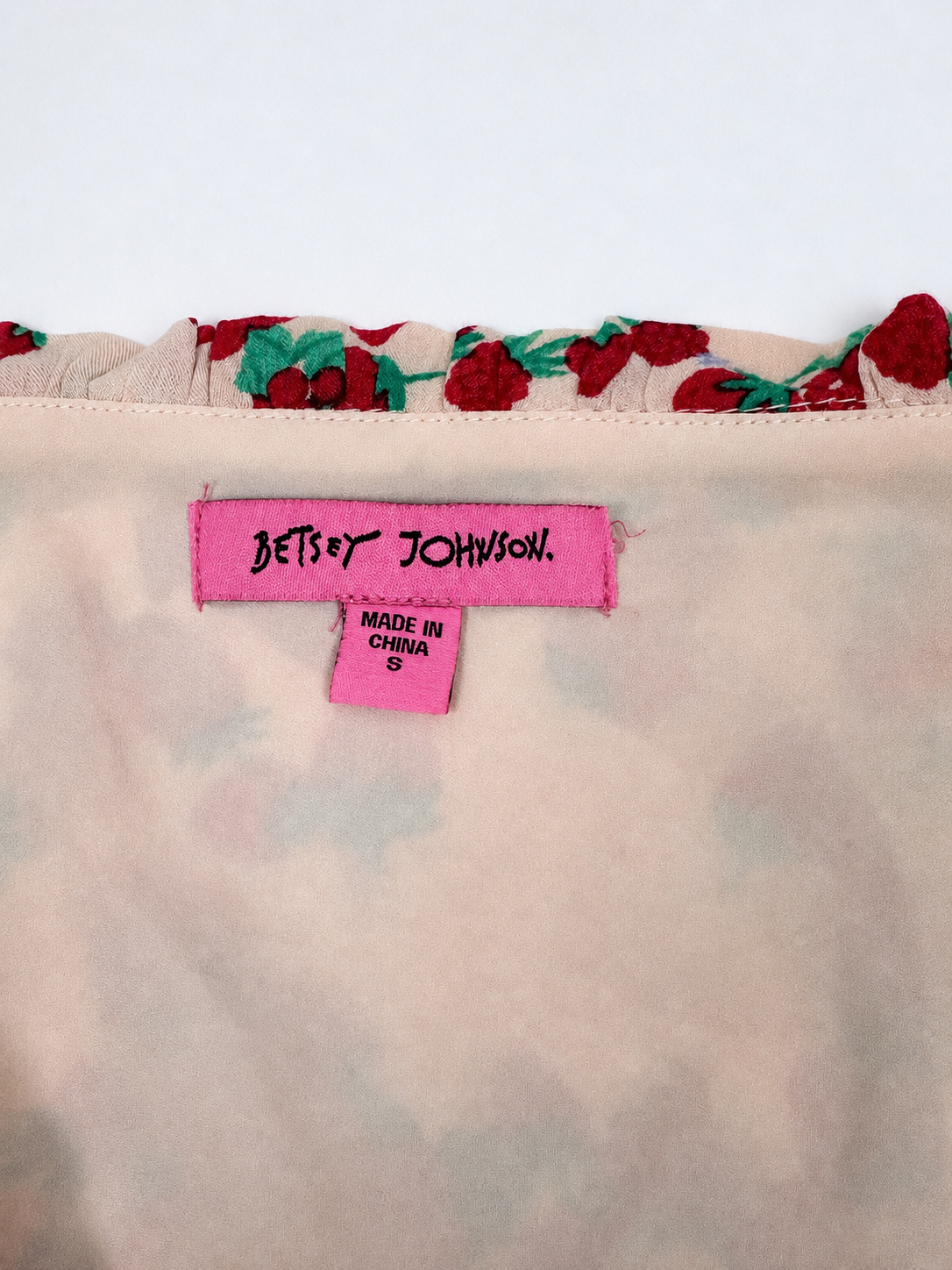 Betsey Johnson strawberry print midi dress flat lay