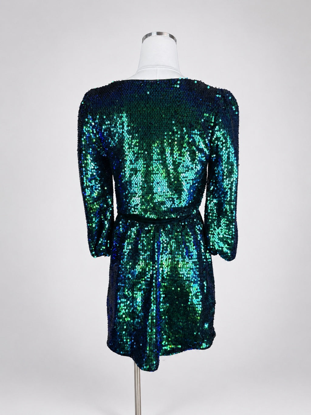 Back view of Sugar and Lips iridescent sequin mini dress