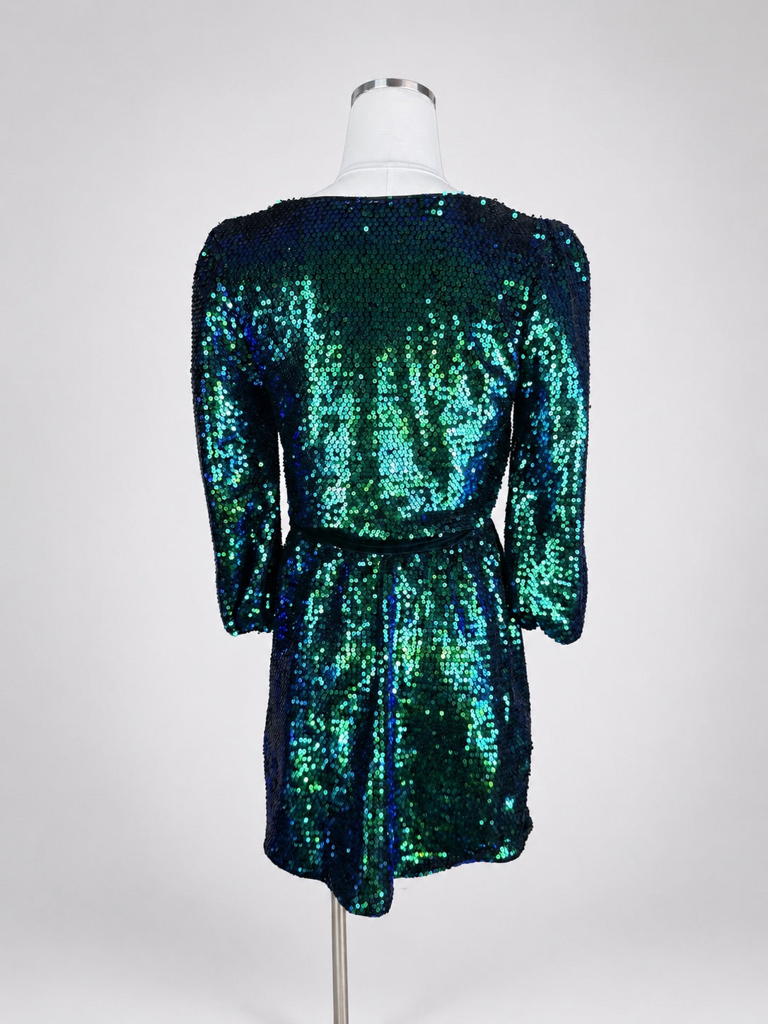 Back view of Sugar and Lips iridescent sequin mini dress