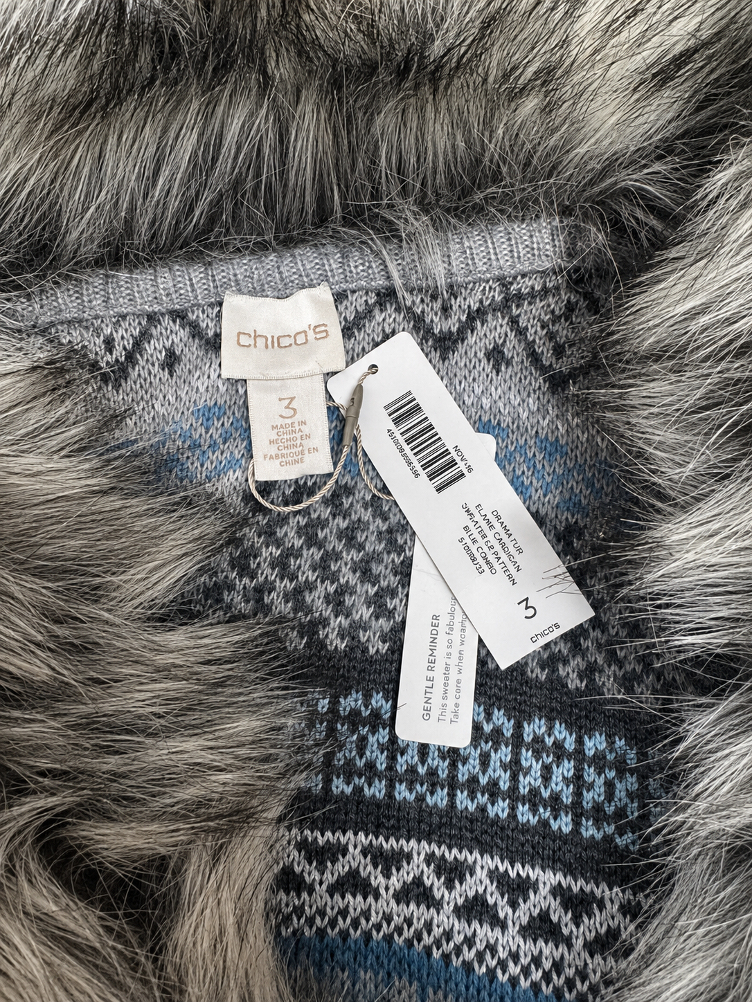 Chico's Blue Fair Isle Faux Fur Belted Sweater Coat Size 3 NWT