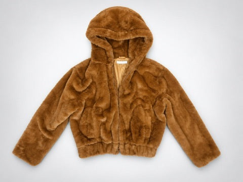 Front flat lay of LUSH copper faux fur hooded zip-front jacket, size medium, with long sleeves and a banded hem.