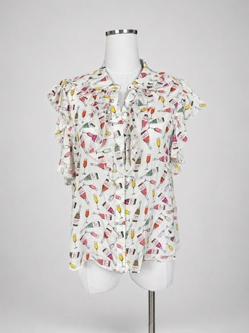 Alice + Olivia Stacey Bendet 100% Silk Champagne Print Ruffle Sleeve Women's Blouse M NWT