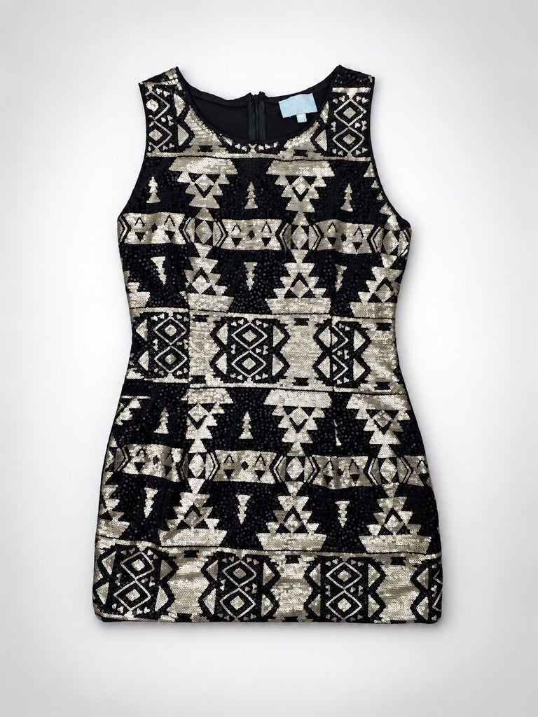 Skies Are Blue Black Gold Sequin Mini Dress Women's L Petite