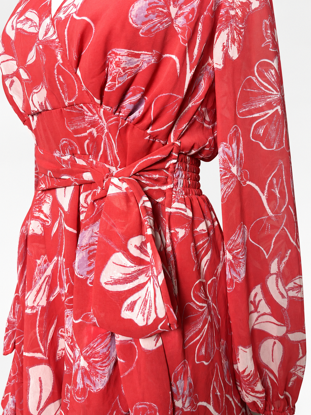 Women's JAPNA Red Floral Ruffle Wrap-Style Mini Dress – Medium
