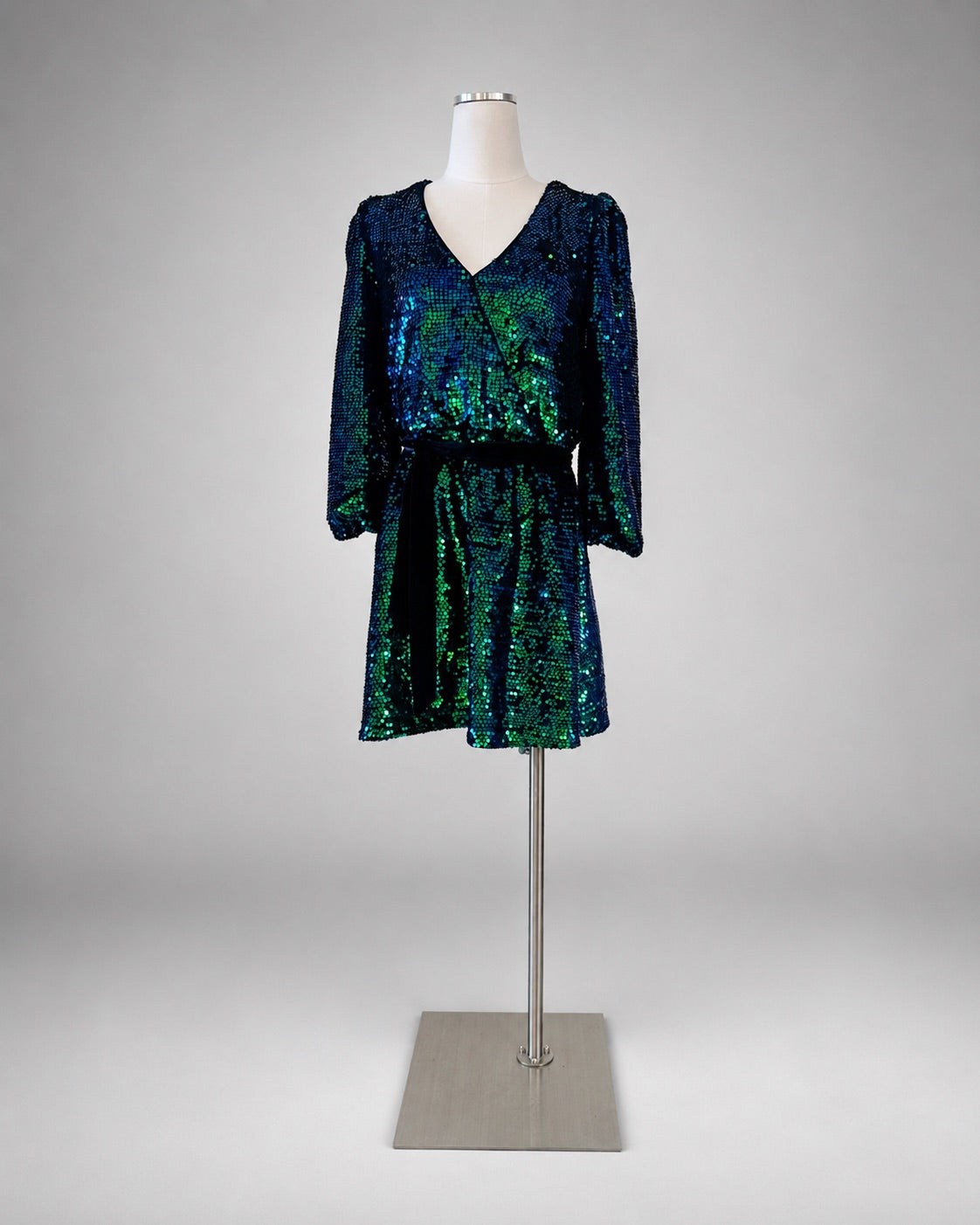 Sugar and Lips green sequin wrap dress on dress form front view